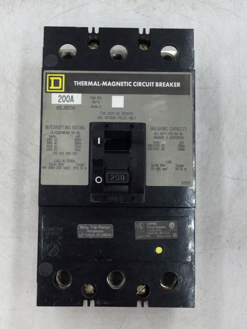 Square D KHL36200 200 Amp 3 Pole 600V Thermal Magnetic Circuit Breaker