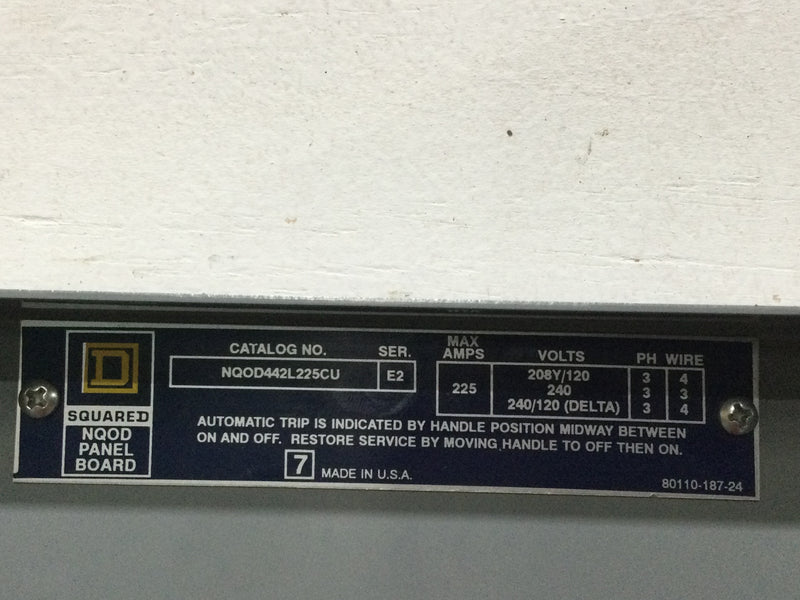 Square D NQOD442L225CU 225 Amp 240 Volt 3 Ph/4 Wire Type NQOD Panelboard w/Q2L3225 Breaker 50" x 20"