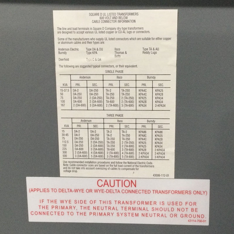 Square D 3 Phase General Purpose Transformer EE75T3HISNLP KVA 75 480 Delta 208Y