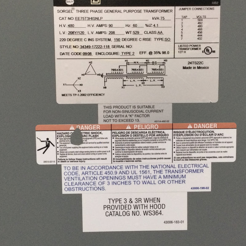 Square D 3 Phase General Purpose Transformer EE75T3HISNLP KVA 75 480 Delta 208Y