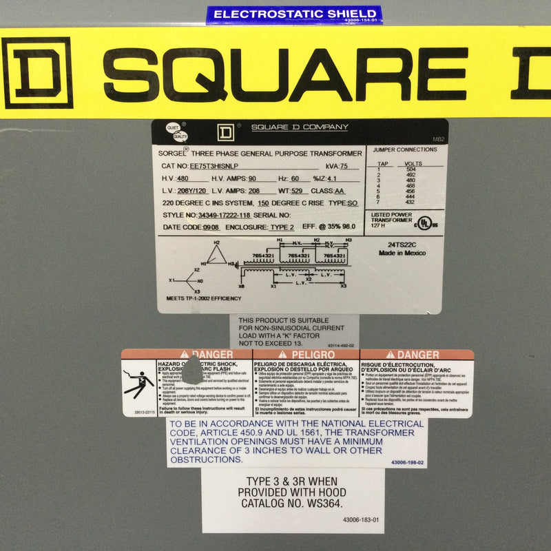 Square D 3 Phase General Purpose Transformer EE75T3HISNLP KVA 75 480 Delta 208Y