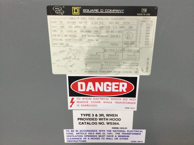 Square D 75T3H 75KVA 480 HV 208Y/120V 3 Phase 34349-17212-064 Insulated Transformer