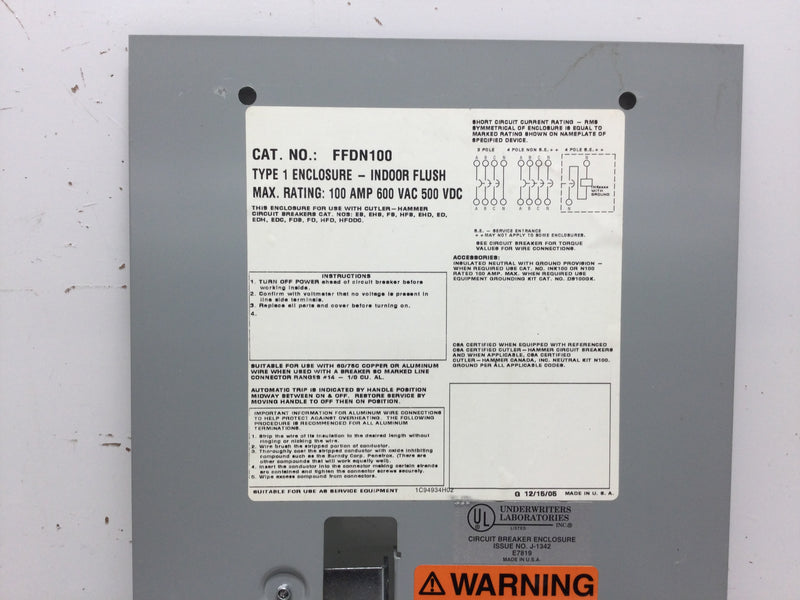 Eaton FFDN100 100 Amp Nema 1 Indoor Only Circuit Breaker Enclosure