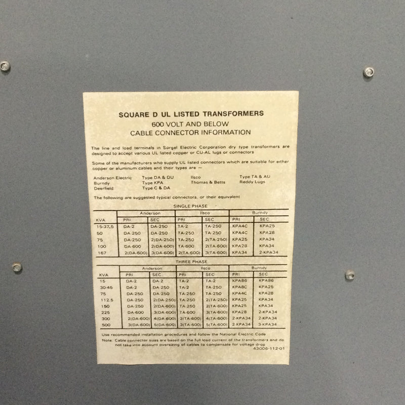 Square D 75T3H 75KVA 480 HV 208Y/120V 3 Phase 34349-17212-041 Insulated Transformer