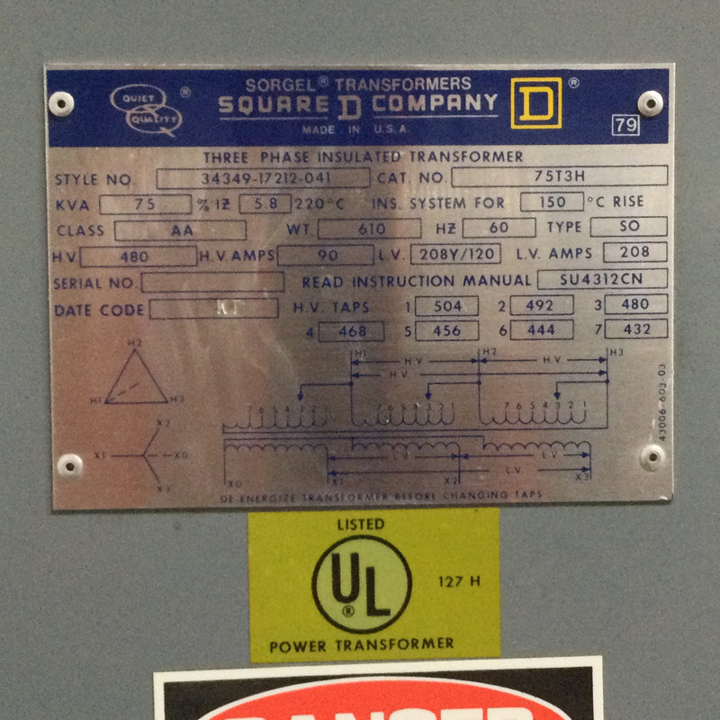 Square D 75T3H 75KVA 480 HV 208Y/120V 3 Phase 34349-17212-041 Insulated Transformer