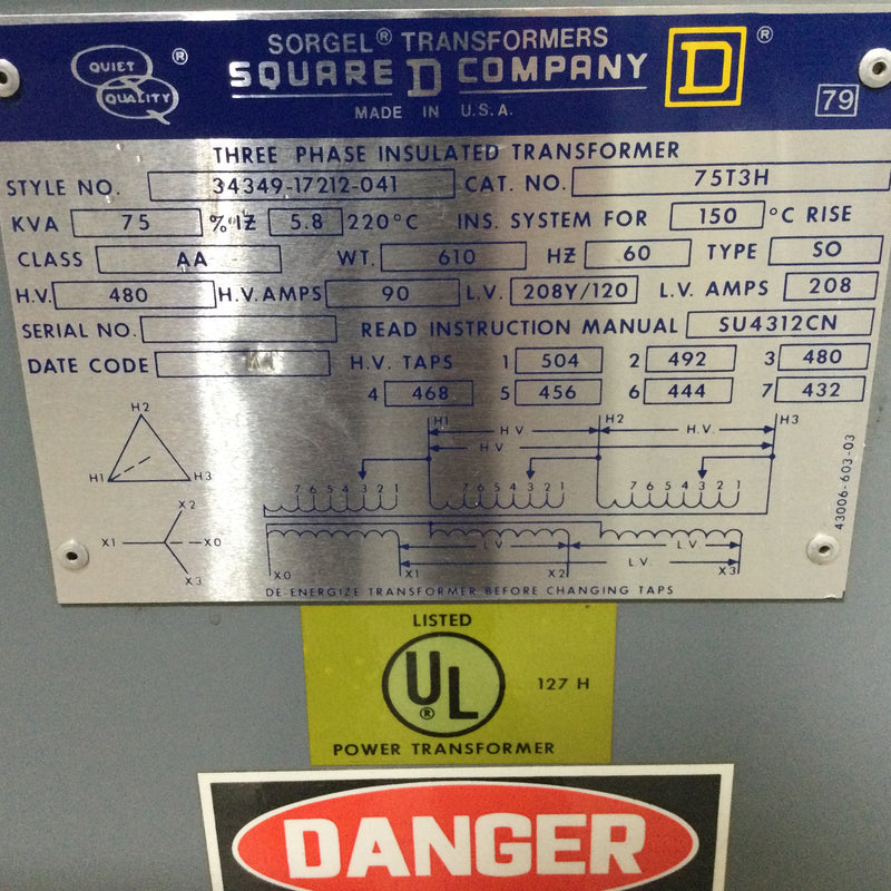 Square D 75T3H 75KVA 480 HV 208Y/120V 3 Phase 34349-17212-041 Insulated Transformer