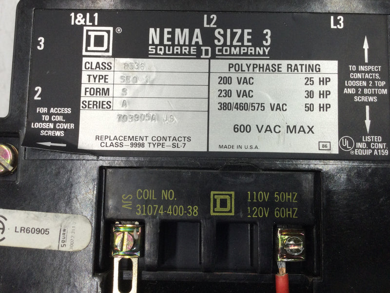 Square D 8536SE01SA Motor Starter 600VAC Max. NEMA Size 3