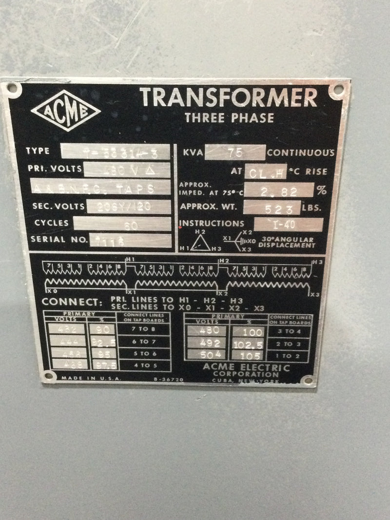 Acme KVA75 T-53314-3 180V 208Y/120V 480 PRI 3 Phase Transformer S/N7116