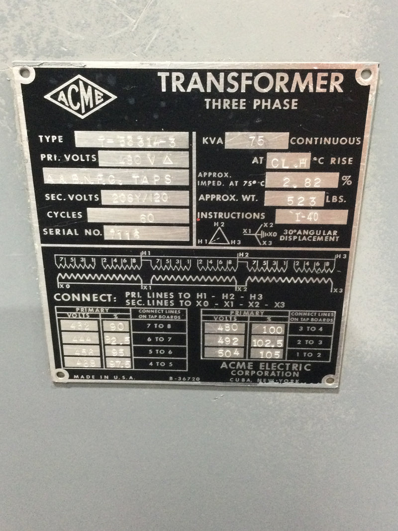 Acme KVA75 T-53314-3 180V 208Y/120V 480 PRI 3 Phase Transformer S/N7116