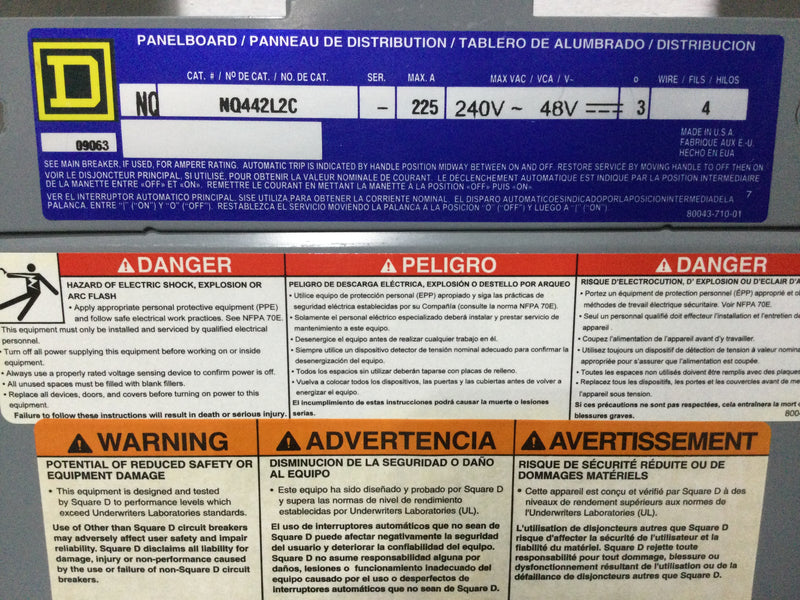 Square D NC50S with Square D NQ442L2C 225 Amp 240v 3 Phase 4 Wire Type 1 42 Space Panelboard Enclosure w/o Main Breaker 50" x 20"