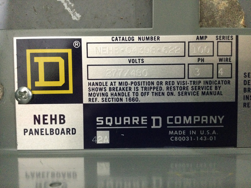 Square D NEHB-04398-622 100 Amp 277/480V 3 Phase 4 Wire NEHB Panelboard 35" x 20"