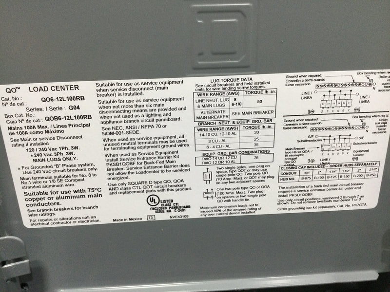 Square D QO612L100RBCP 100 Amp, 6 Space, 12-Circuit Outdoor Main Lug Load Center