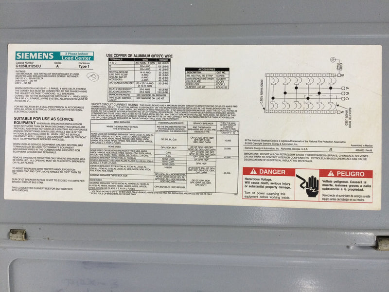 ITE Siemens G1224L3125CU Load Center Cover/Door Only 12 Space 125 Amp 120/240V 22 1/8" x 15 1/2"