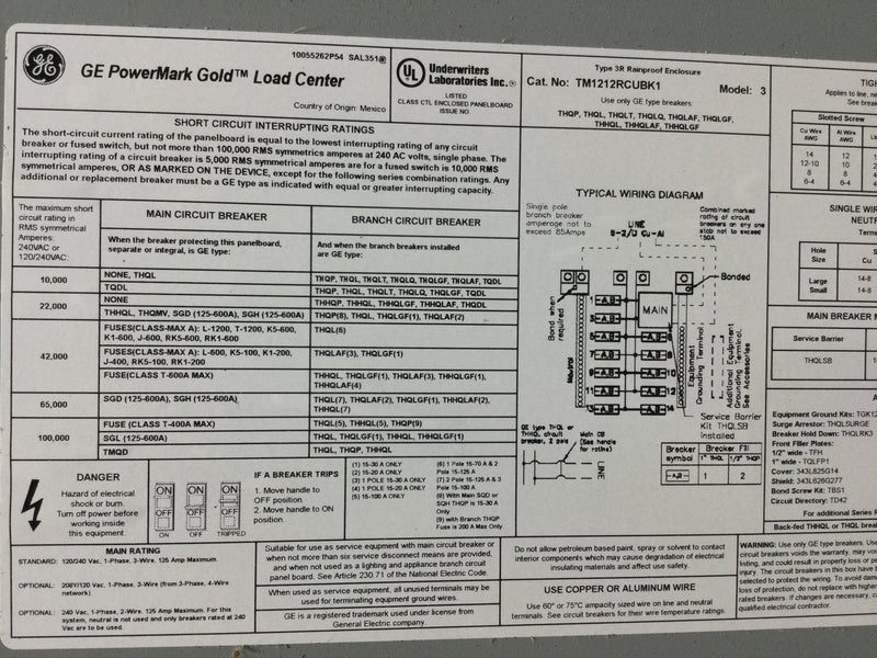 GE TM1212RCUBK1 125 Amp 12/24 Space 120/240v Load Center Outdoor Value Pack