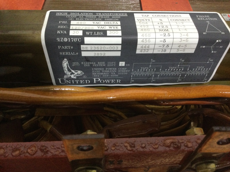 United Power BE23620-003 KVA 30 S/N 2892 High Isolation Transformer