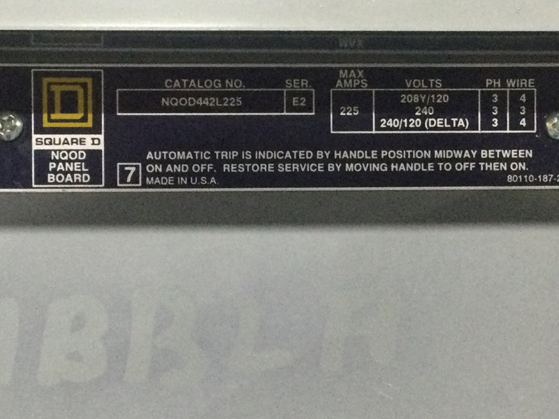 Square D NQOD442L225 225 Amps 208Y/120V 3 Phase 4 Wire Series E1 MHC50F 50" x 20" w/Q2L3200 Circuit Breaker