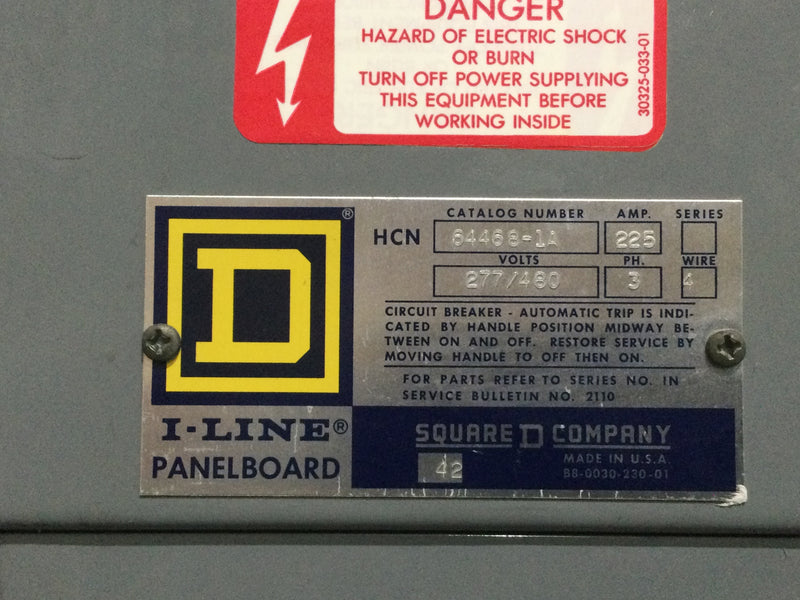 Square D HCN64468-1A 225 Amp 277/480V 3 Phase 4 Wire I Line Panelboard 54" x 27"