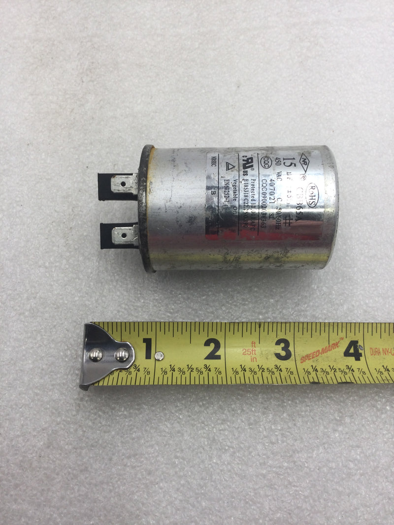 CBB65A Capacitor 15uf +/-5% 450 VAC 50/60 Hz (CQC09002038363)