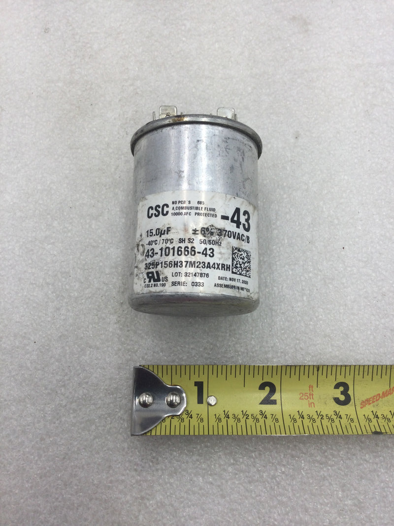 CSC 43-101666-43 Capacitor 15.0uf +/-6% 370 VAC