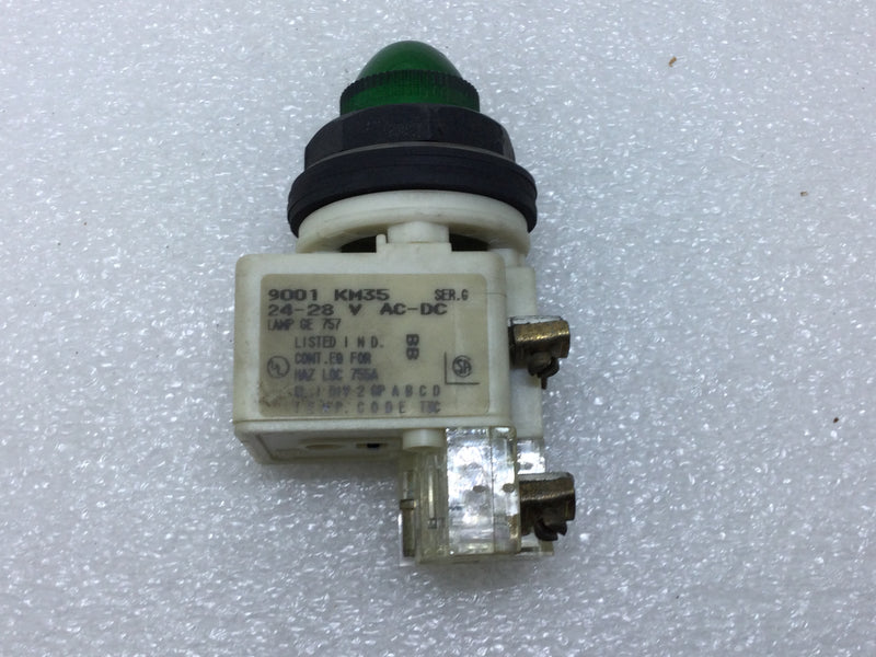 Square D KM-35 Green Pilot Light Lamp GE 757 Includes Auxiliary Terminal 9001 Series G 24-28V AC/DC