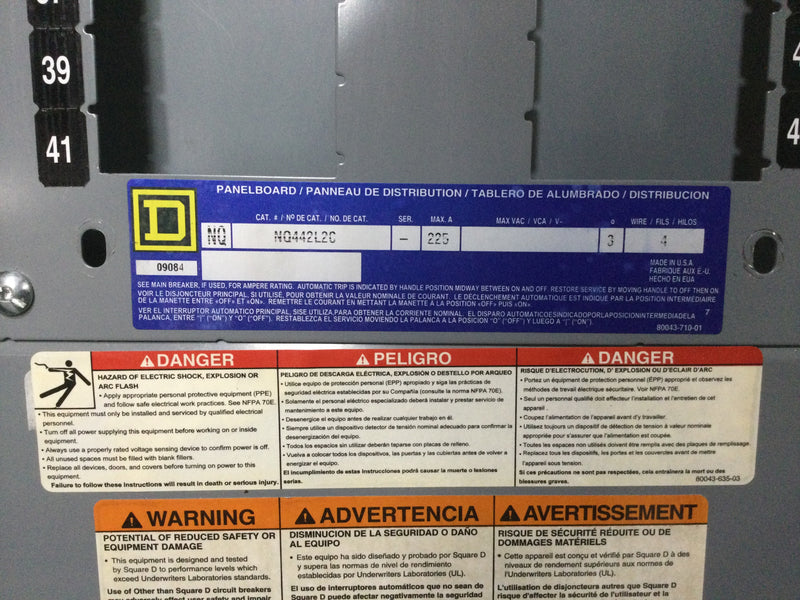 Square D NC50S with Square D NQ442L2C 225 Amp 240v 3 Phase 4 Wire Type 1 42 Space Panelboard Enclosure w/Main Breaker 50" x 20"