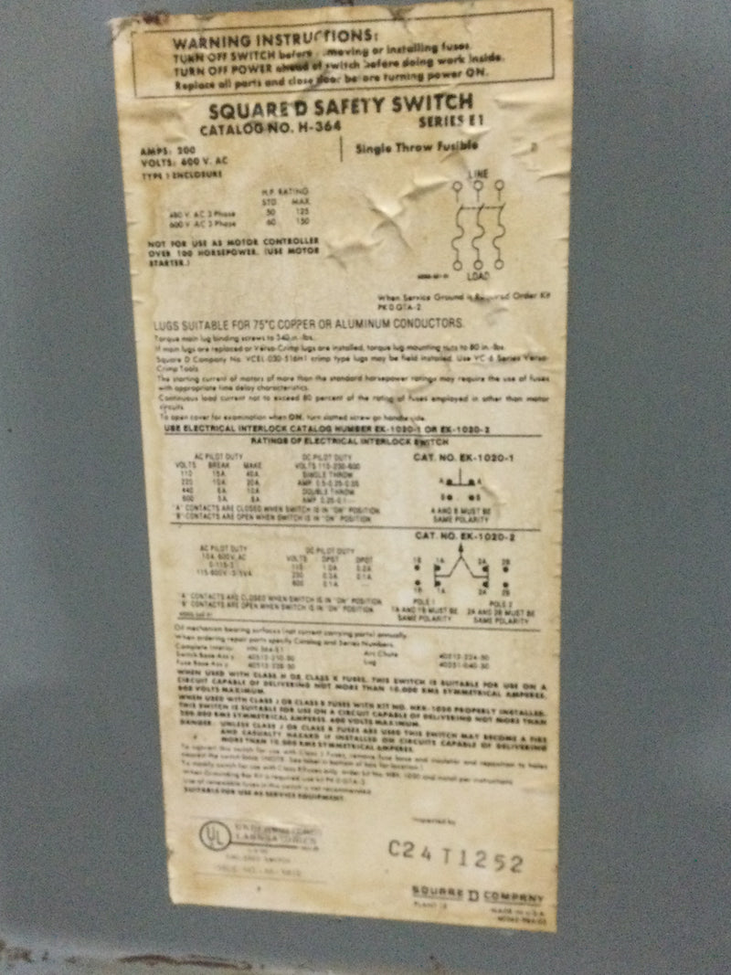 Square D H364 200 Amp 3 Pole 600V Fusible Type 1 Disconnect Safety Switch 27" x 13"