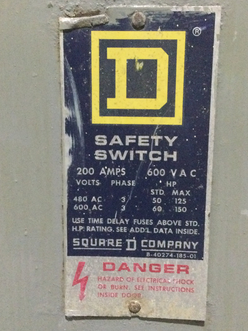 Square D H364 200 Amp 3 Pole 600V Fusible Type 1 Disconnect Safety Switch 27" x 13"