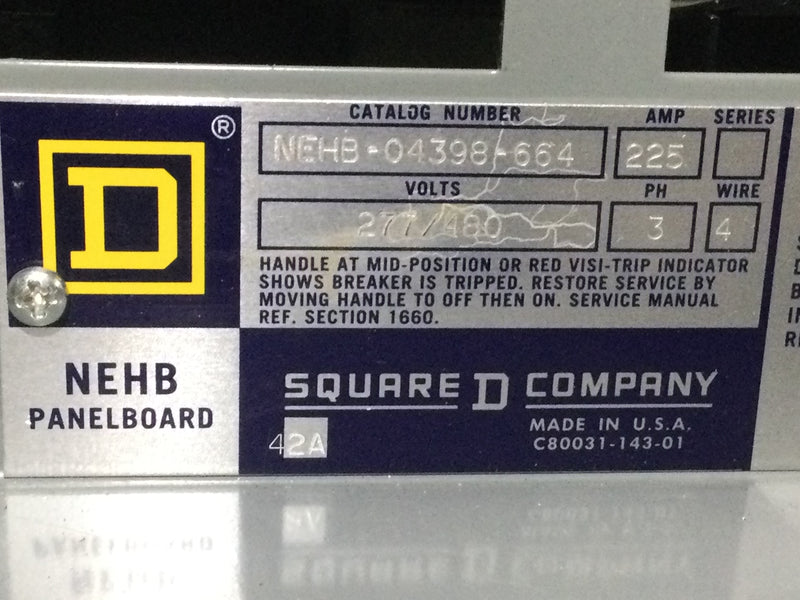 Square D NEHB-04398-664 225 Amp 277/480V 3 Phase 4 Wire NEHB Panelboard 41" x 20"
