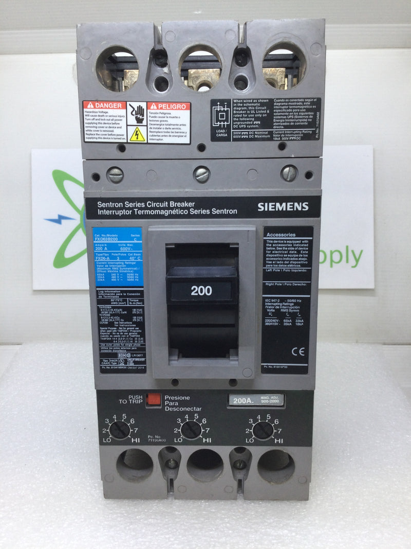 Siemens FXD63B200 3 Pole 200 Amp 600VAC Sentra Series Type FXD6-A Circuit Breaker