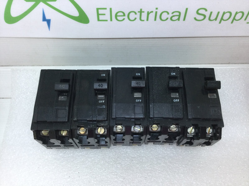 Lot of 5 - Square D QO240 2 Pole 40A 120/240VAC Type QO Circuit Breaker