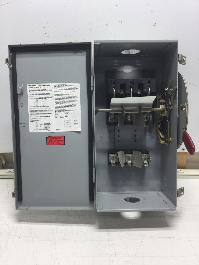 Westinghouse RHFN361 Heavy Duty 3 Phase Fusible Safety Switch 30 Amp 600 VAC Nema 3R Enclosure