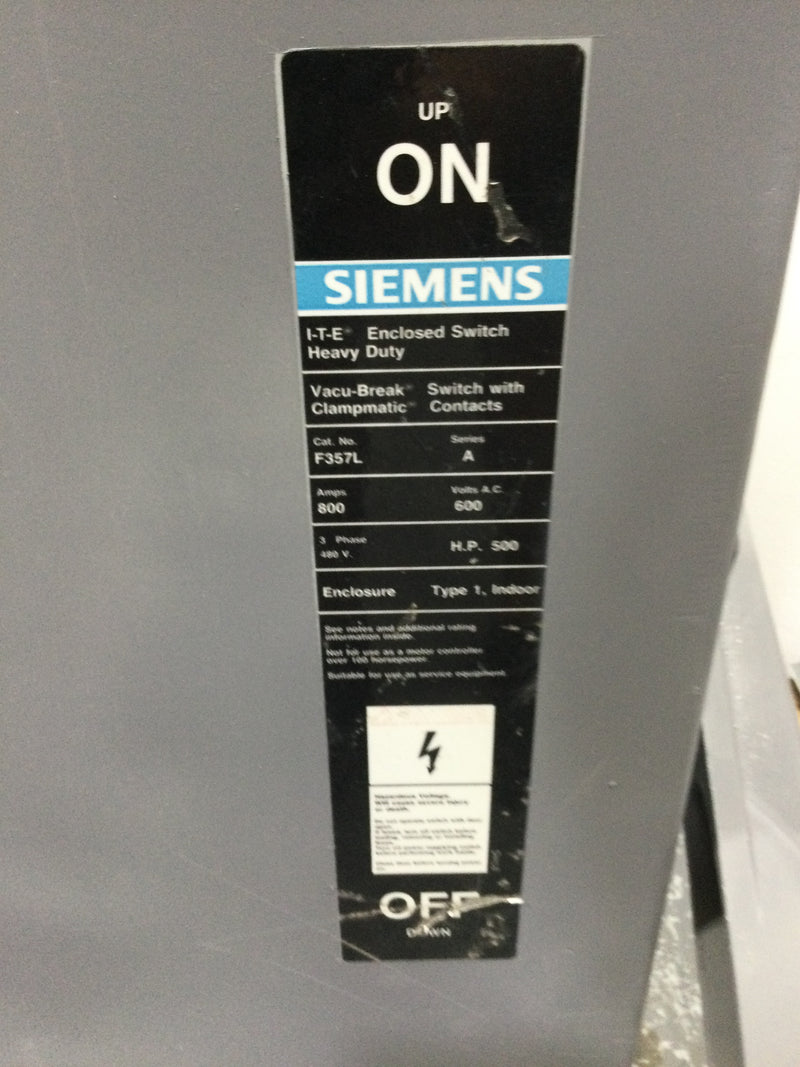 Siemens ITE Enclosed Switch Heavy Duty, F-357L Series A Type 1 Enclosure, 800 AMP, 600V