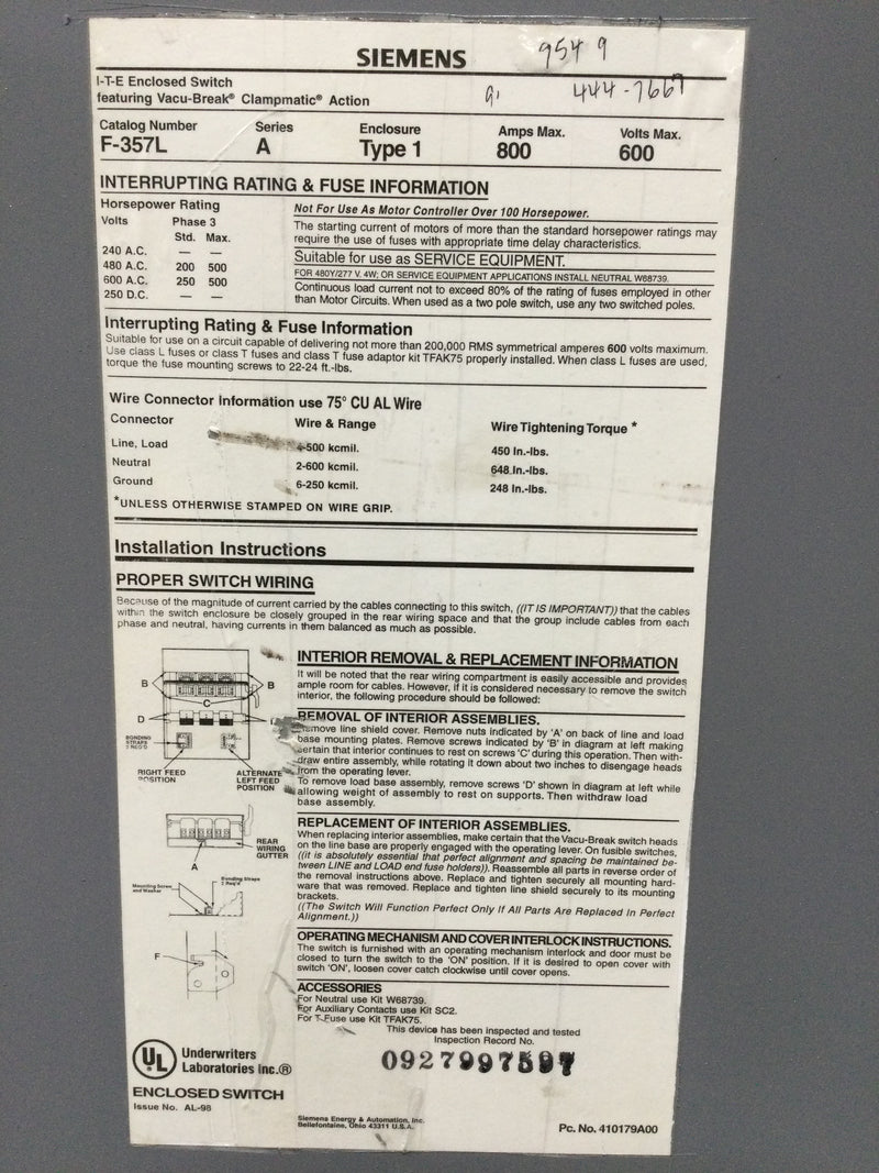 Siemens ITE Enclosed Switch Heavy Duty, F-357L Series A Type 1 Enclosure, 800 AMP, 600V