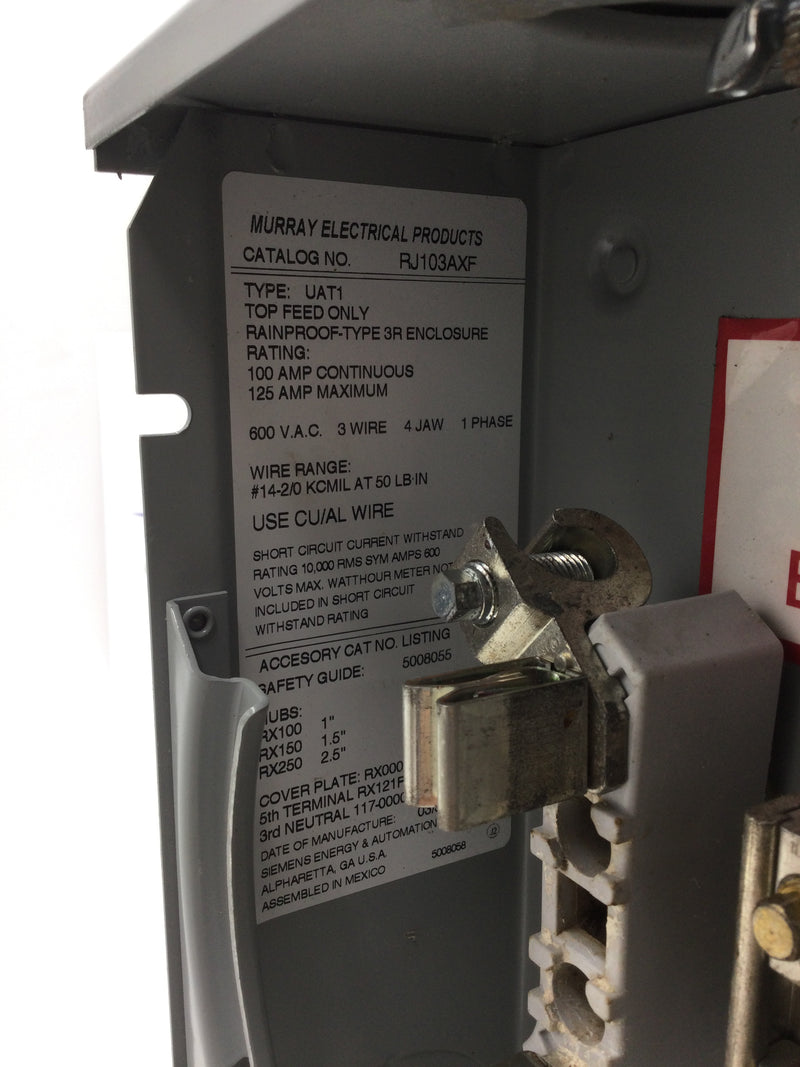 Murray RJ103AXF 125 Amp 1 Phase 3 Wire 4 Jaw 600v Nema 3R Type UAT1 Meter Enclosure