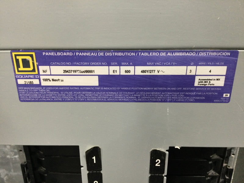 Square D NF 29437197360090001 600 Amp Panel 480/277 3 PH 4 W 30 Space with Main Breaker and 400 Amp Subfeed