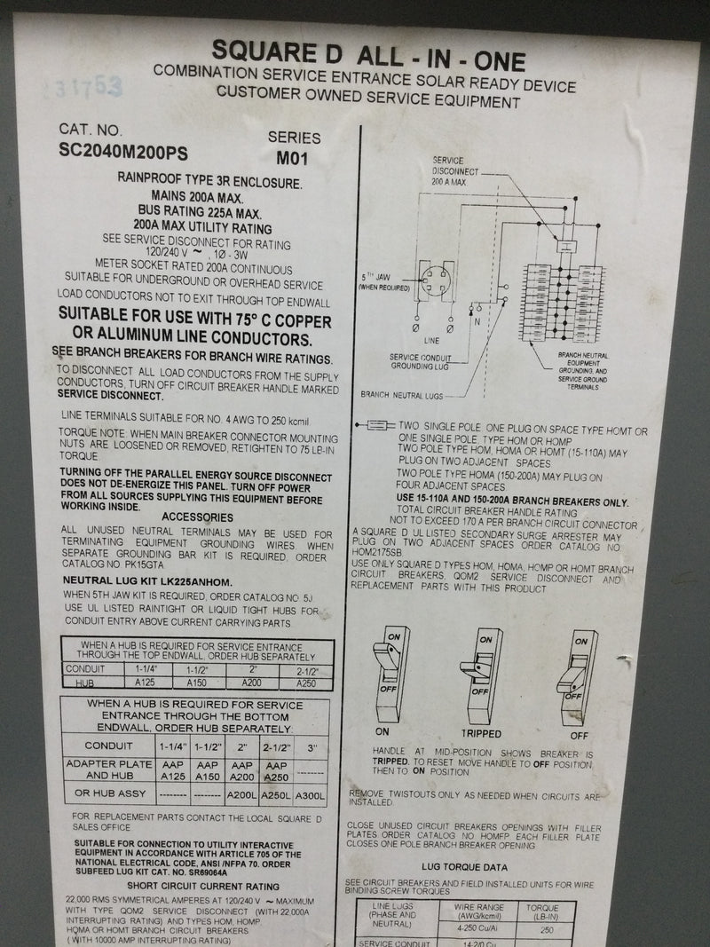 Square D Schneider Electric SC2040M200PS All in one, CSED, ringed socket, 200A, surface mount, 20 spaces, 40 circuits, 22kA SCCR, no bypass, solar ready