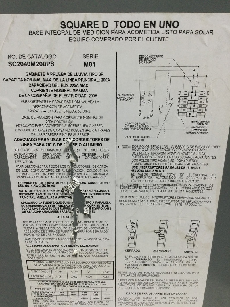 Square D Schneider Electric SC2040M200PS All in one, CSED, ringed socket, 200A, surface mount, 20 spaces, 40 circuits, 22kA SCCR, no bypass, solar ready