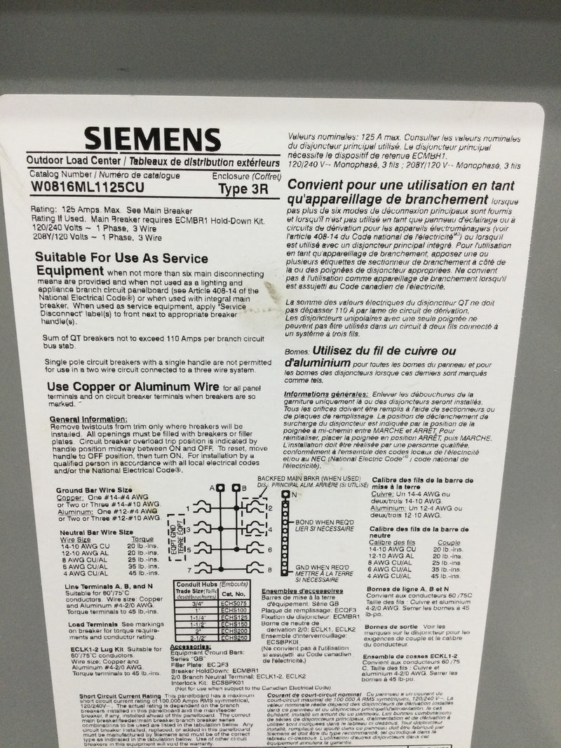 Siemens W0816ML1125CU Single Phase 125A 120/240VAC Nema3R 16 Circuit MLO Load Center