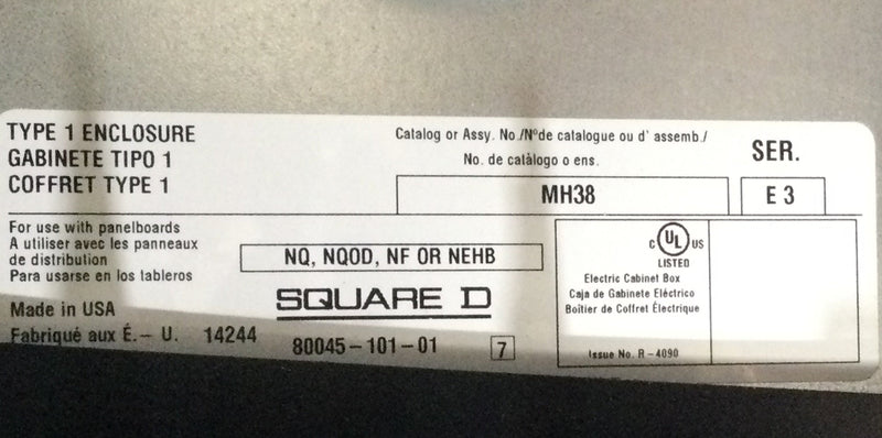 Square D NC38S with NQ442L2C 225 Amp 240v 3 Phase 4 Wire Type 1 42 Space Panelboard Enclosure 38" x 20"