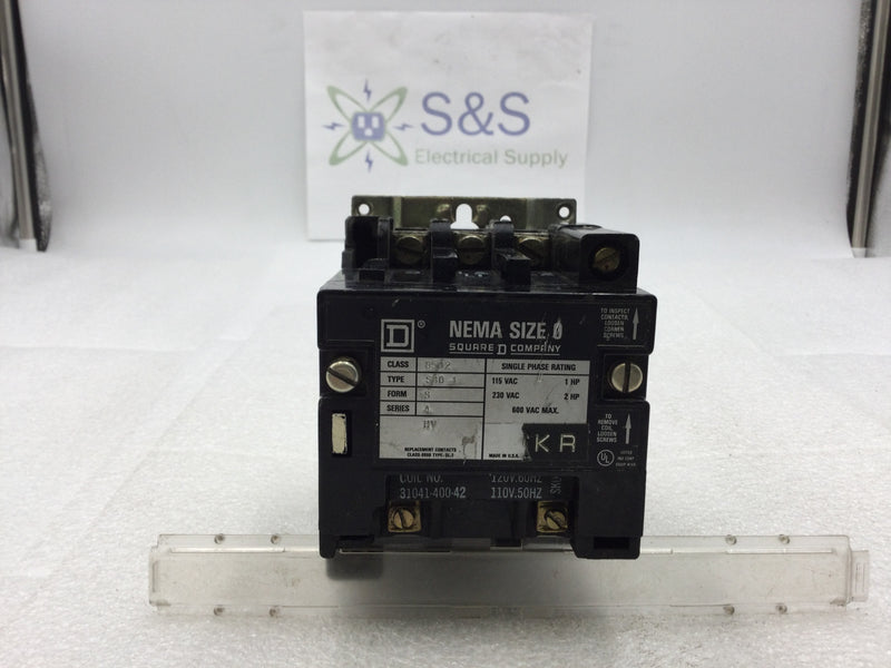 Square D 8502SBO1 Nema Size 0 Starter/Contactor 2 Pole 115/230 VAC 1-2 HP with 120 VAC Coil and without Overload Relay