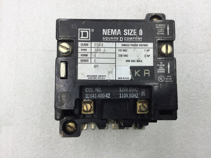 Square D 8502SBO1 Nema Size 0 Starter/Contactor 2 Pole 115/230 VAC 1-2 HP with 120 VAC Coil and without Overload Relay