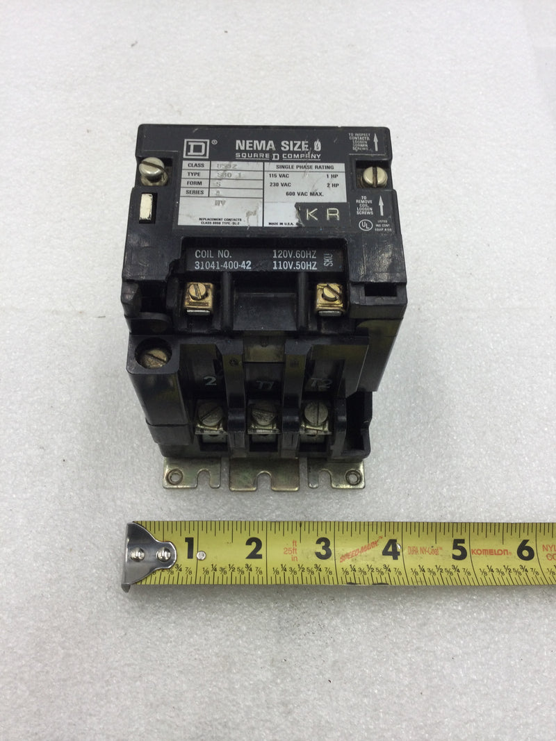 Square D 8502SBO1 Nema Size 0 Starter/Contactor 2 Pole 115/230 VAC 1-2 HP with 120 VAC Coil and without Overload Relay