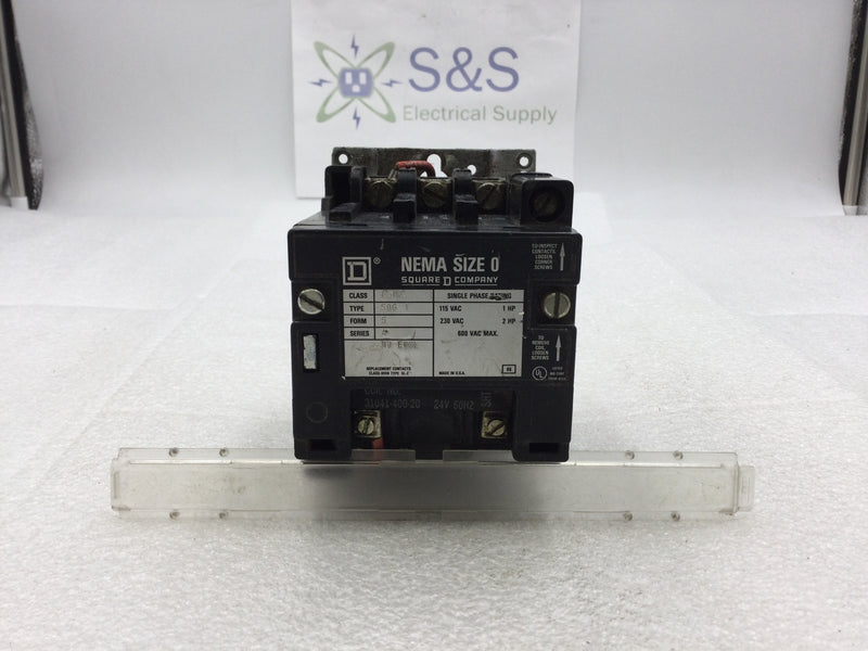 Square D 8502SBG1 Nema Size 0 Starter/Contactor 2 Pole 115/230 VAC 1-2 HP with 24 VAC Coil and without Overload Relay