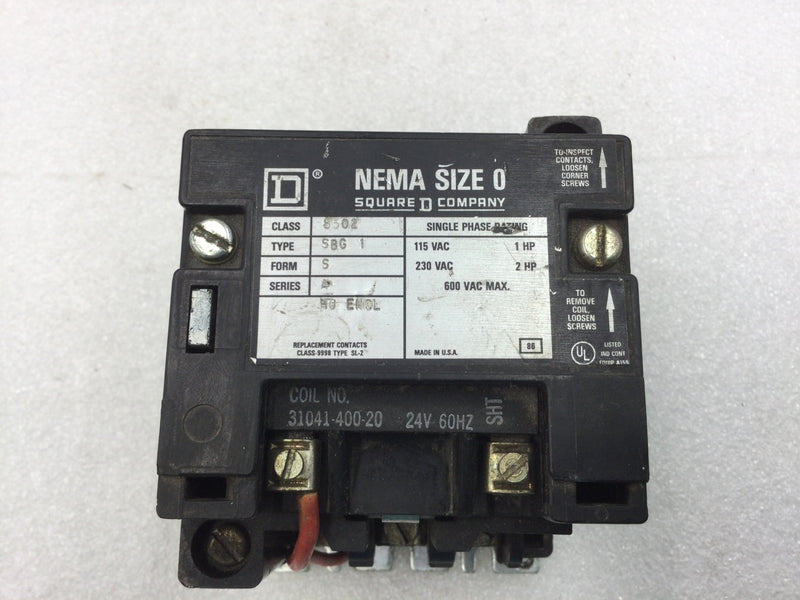 Square D 8502SBG1 Nema Size 0 Starter/Contactor 2 Pole 115/230 VAC 1-2 HP with 24 VAC Coil and without Overload Relay