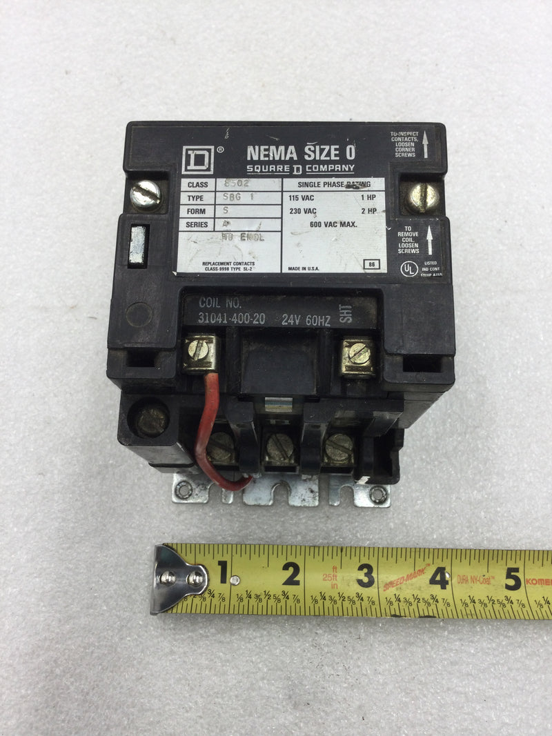 Square D 8502SBG1 Nema Size 0 Starter/Contactor 2 Pole 115/230 VAC 1-2 HP with 24 VAC Coil and without Overload Relay