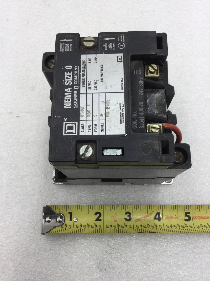 Square D 8502SBG1 Nema Size 0 Starter/Contactor 2 Pole 115/230 VAC 1-2 HP with 24 VAC Coil and without Overload Relay