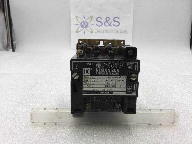 Square D 8536SBG2 Nema Size 0 Contactor/Starter 3 Phase 200-575 VAC 3-5 HP with 120 VAC Coil and without Overload Relay