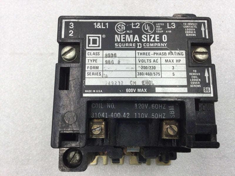 Square D 8536SBG2 Nema Size 0 Contactor/Starter 3 Phase 200-575 VAC 3-5 HP with 120 VAC Coil and without Overload Relay