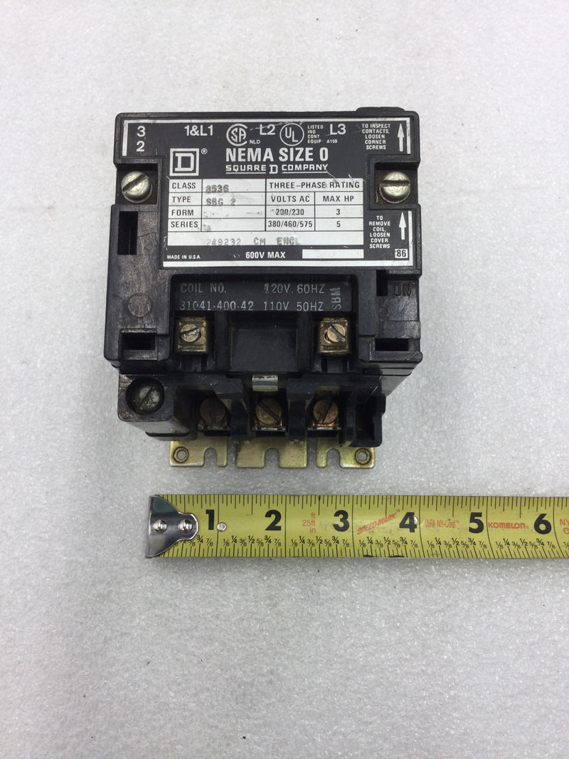 Square D 8536SBG2 Nema Size 0 Contactor/Starter 3 Phase 200-575 VAC 3-5 HP with 120 VAC Coil and without Overload Relay