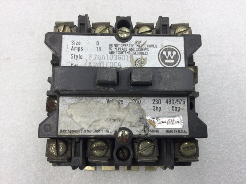 Westinghouse A201K0CA Size 0 Contactor 3 Pole 18 Amp 200-575 VAC 3-5 HP with 120 VAC Coil